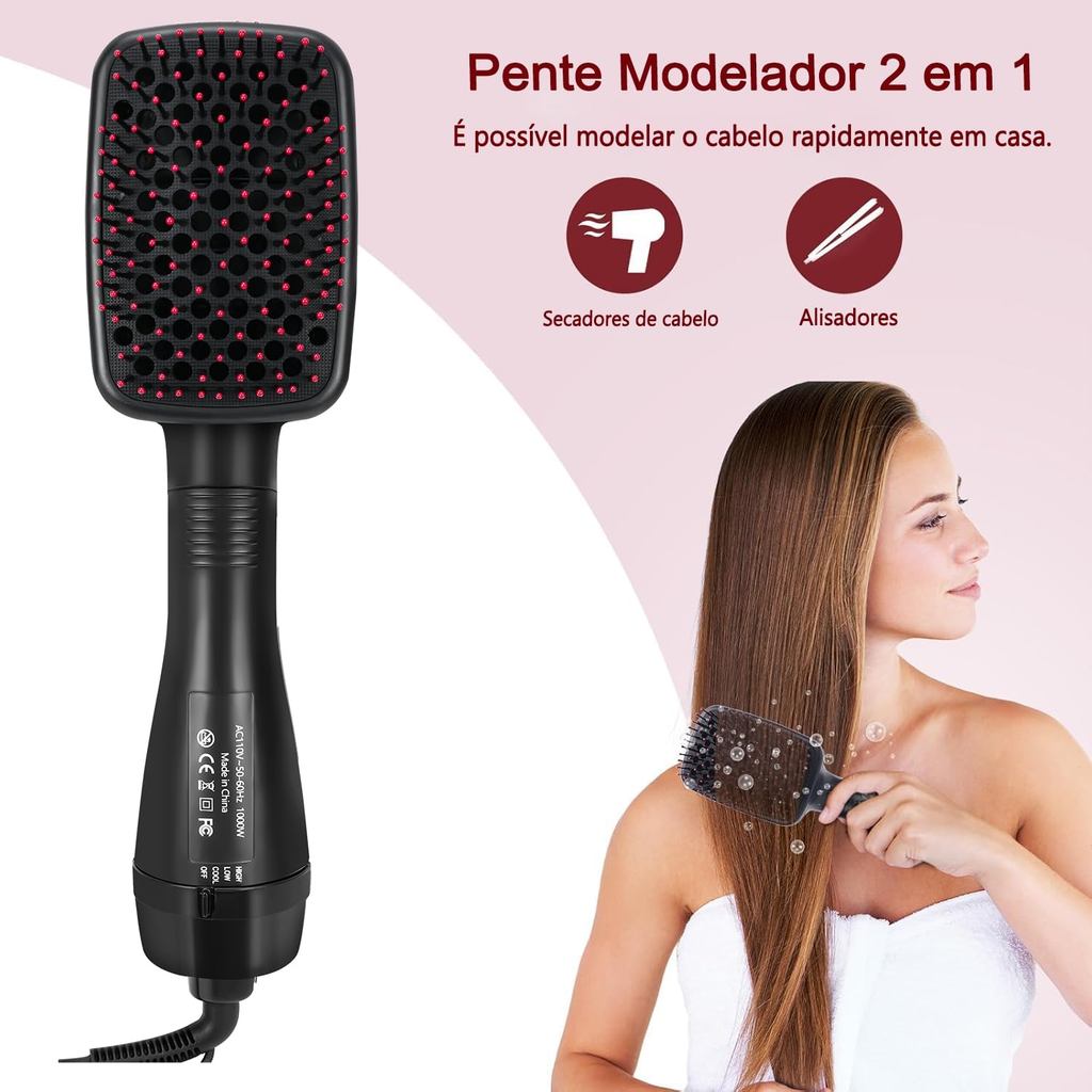 Escova Secadora e Alisadora 3 em 1 Raquete Profissional Bivolt Secagem Rápida Anti-Frizz