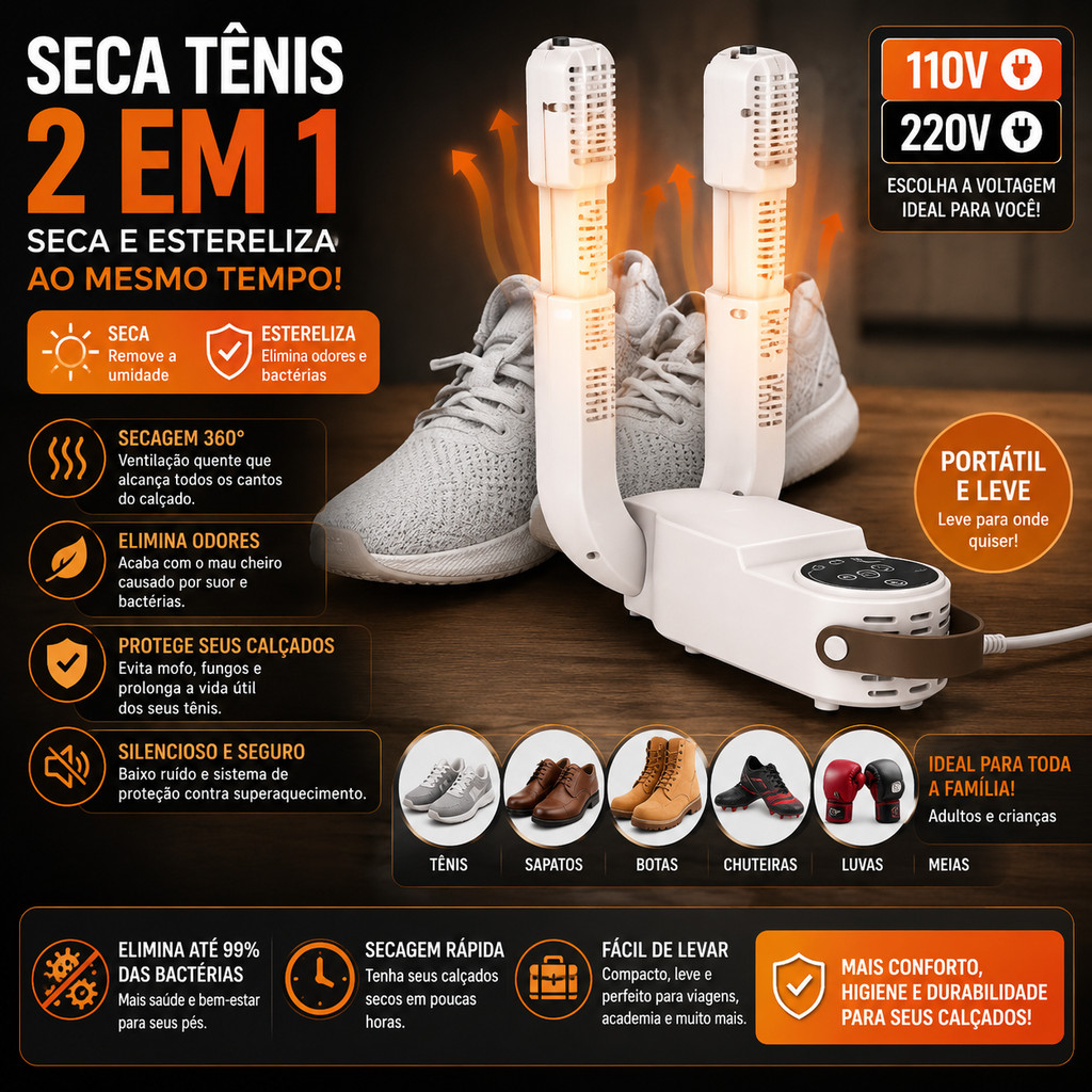 Seca Tênis Elétrico Esterilizador De Calçados 2 Em 1 Elimina Odores Bactérias 110V Ou 220V Portátil