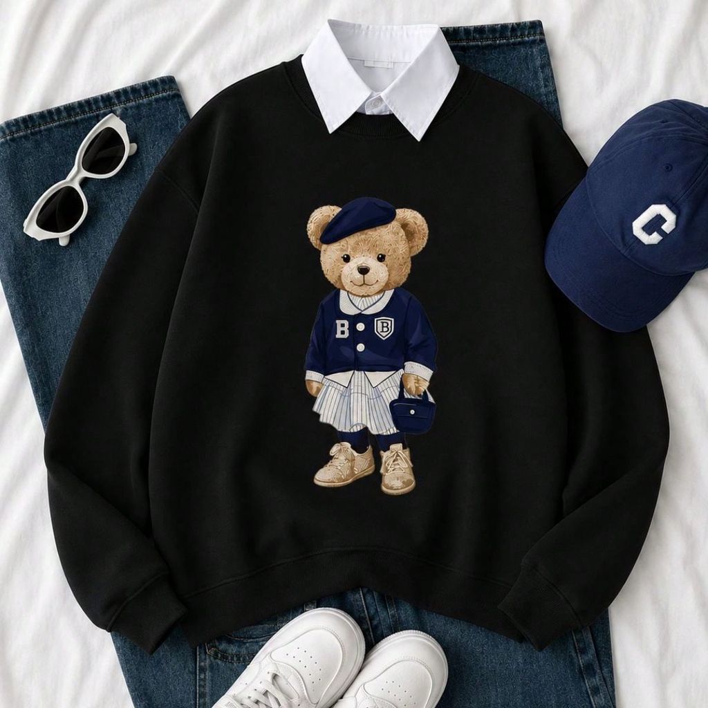 Moletom Feminino com Estampa Vintage Preppy Urso Blusa de Frio Estilo Gola Redonda Estilosa Perfeita