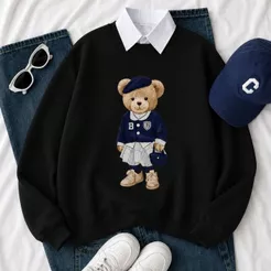 Moletom Feminino com Estampa Vintage Preppy Urso Blusa de Frio Estilo Gola Redonda Estilosa Perfeita