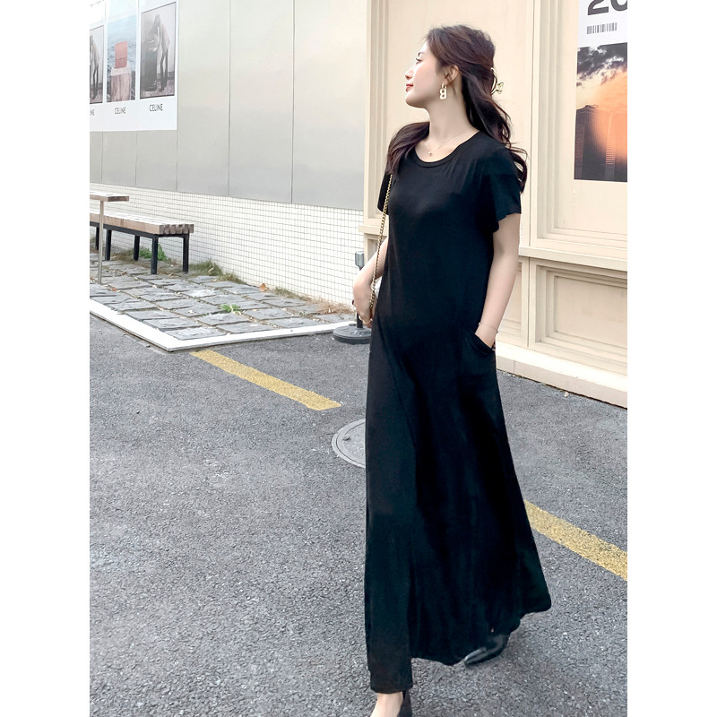 Vestido Modal longo alto feminino 2024 verão solto tamanho grande cobertura de carne saia longa de manga curta saia de b