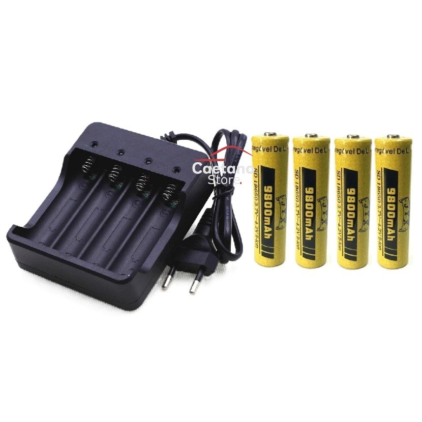Carregador De Bateria 18650 C/ Led Indicado + 4 Bateria
