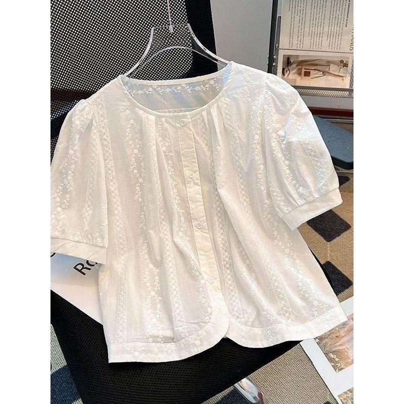 Versão coreana Retro doce rendas branco camisa de manga curta feminina verão pequena camisa manga Puff topo