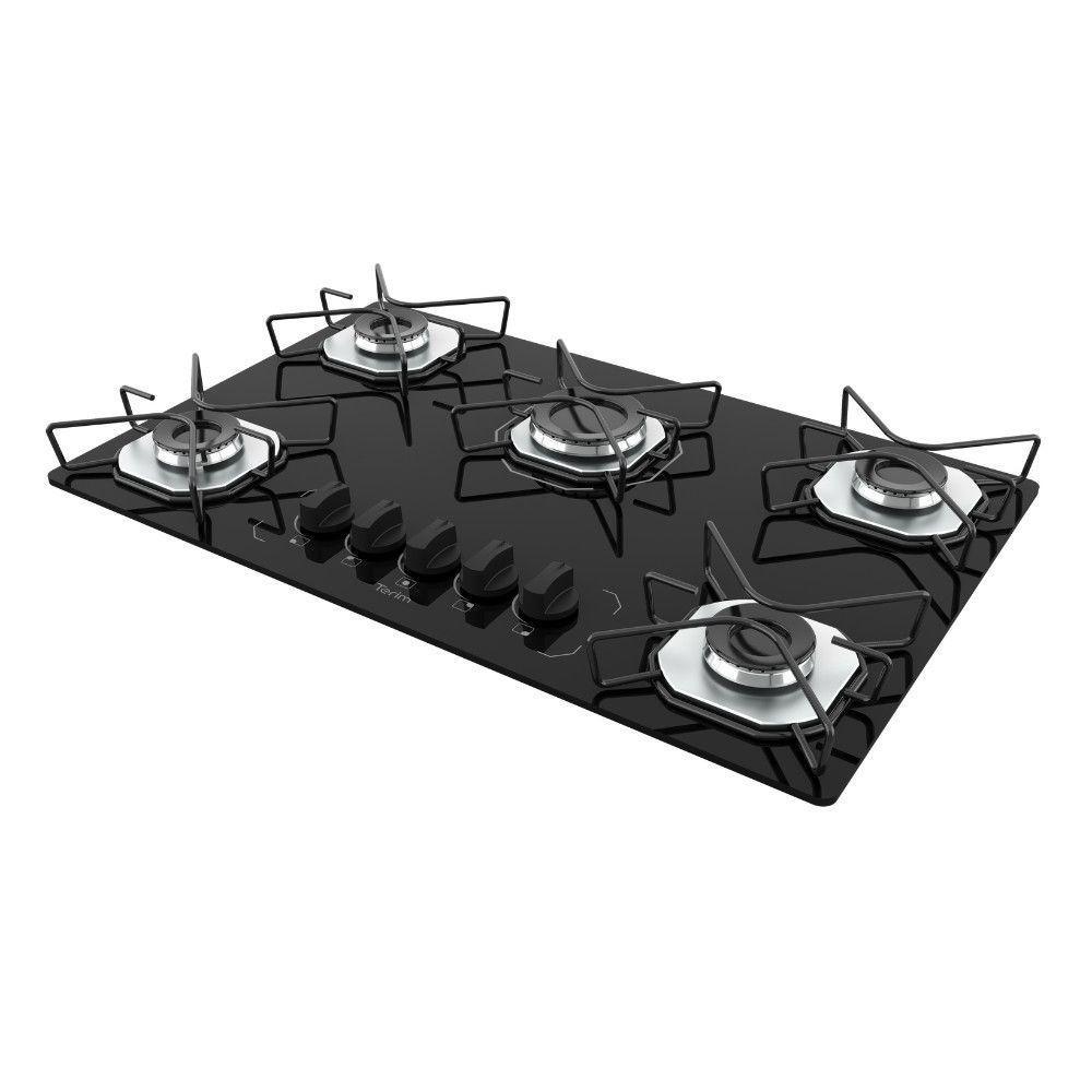 Cooktop a Gás Terim 5 Bocas Vidro Temperado com 6 Apoios Preto Bivolt