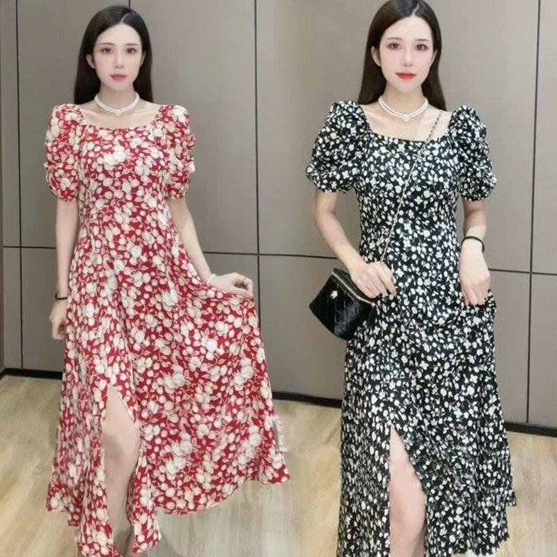 Chiffon cereja flor vestido feminino verão estilo francês pescoço quadrado mangas Puff Halter cintura fenda elegante Flo