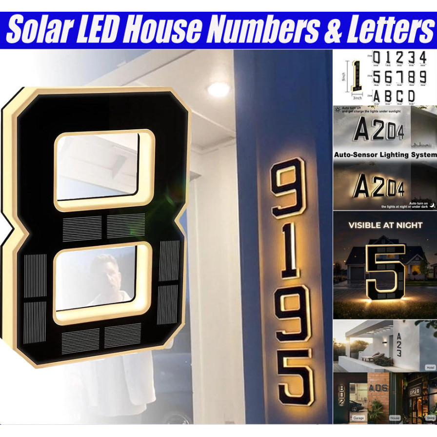 Números E Letras De Casa LED Solar , Sinal De Endereço Iluminado De 9 Polegadas , Placa Externa À Prova D'água Liga/Desl