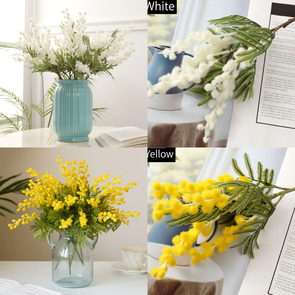 Haste De Flor Artificial Mimosa , Spray De Acácia Falsa Com Flores Fofas E Folhas De Samambaia Para Decoração De Casa ,