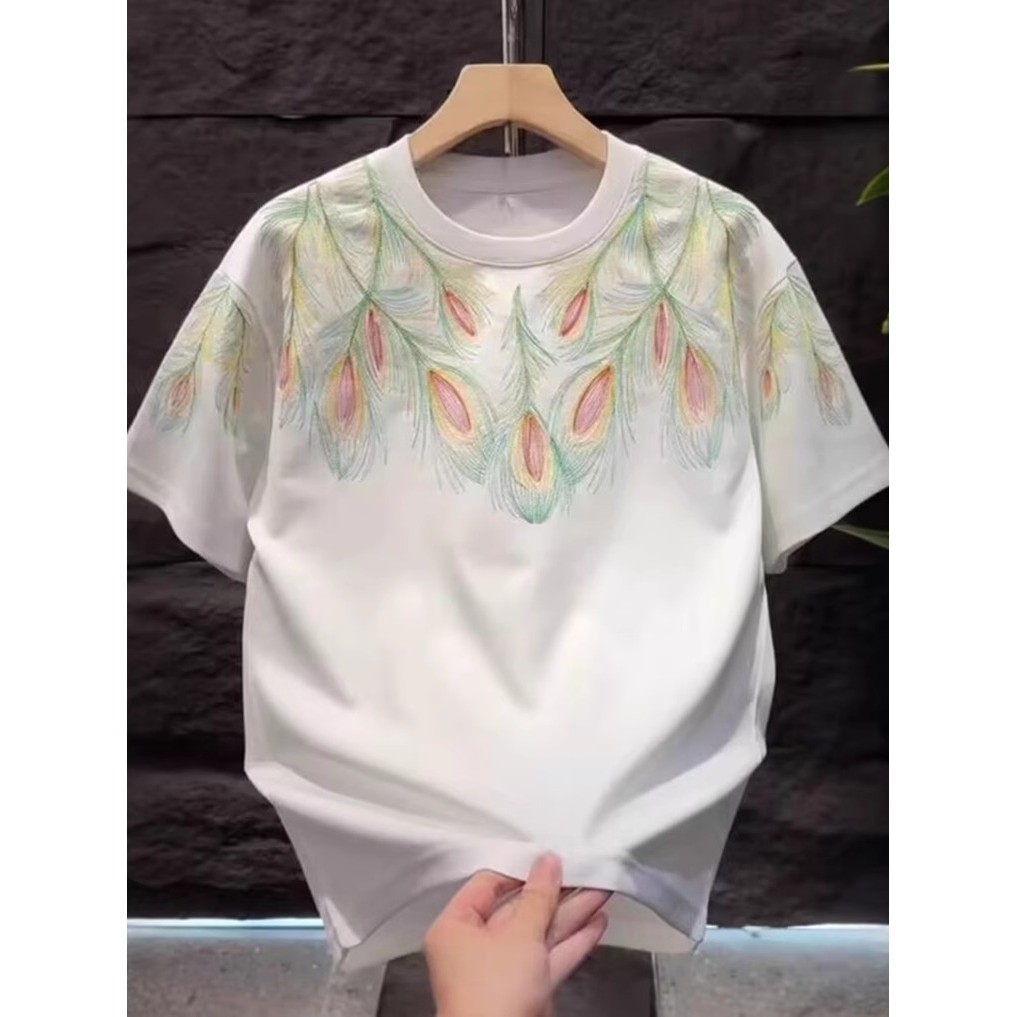 2025 verão moda masculina All-Match impresso espuma de manga curta camiseta masculina na moda Casual em torno do pescoço