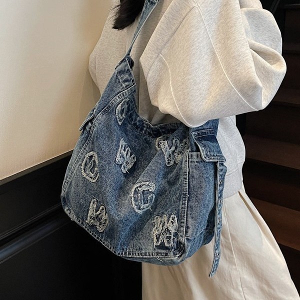 Bolsa vintage de jeans para mulheres, bolsa transversal de grande capacidade para o dia a dia, novo modelo 2025 com bord