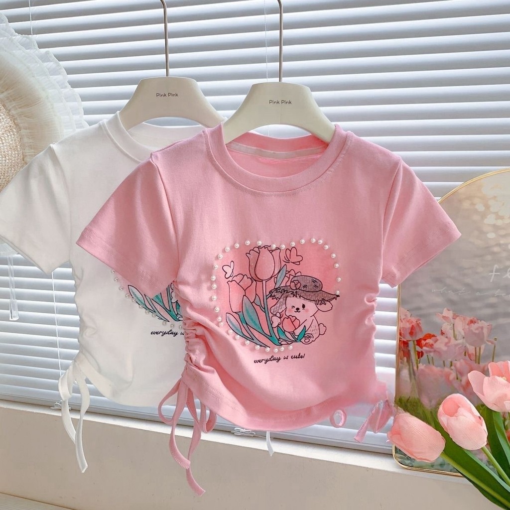 Meninas doce dos desenhos animados camiseta de manga curta cordão pérola amor coração estilo 90-140 tamanho BGQR