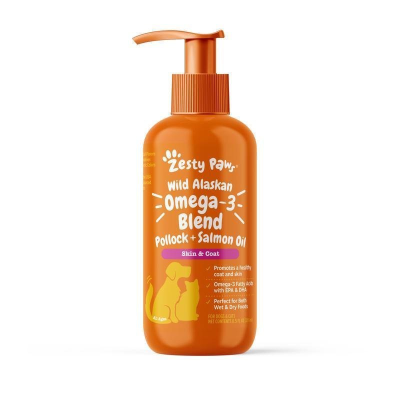 Zesty Paws Óleo de Salmão Selvagem do Alasca com EPA e DHA, Óleo de Peixe Ômega-3 para Cães e Gatos, Pele e Pelagem Saud