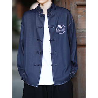 T Tang terno novo estilo chinês Denim camisa de manga comprida estilo chinês guindaste bordado Retro fivela Zhongshan te