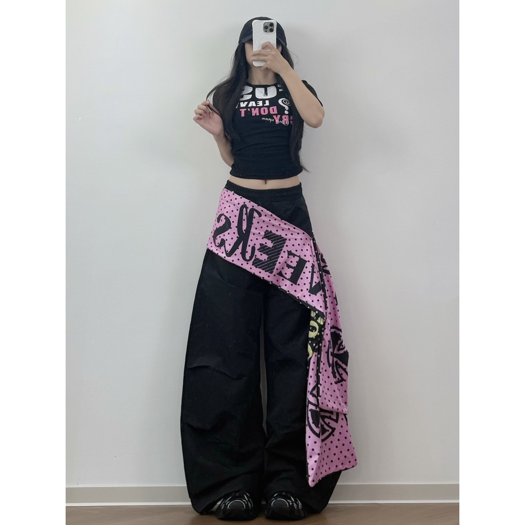 X XXBUNI preto rosa jazz dança calças femininas verão novo estilo com cortina de peido solto Machete calças cintura alta
