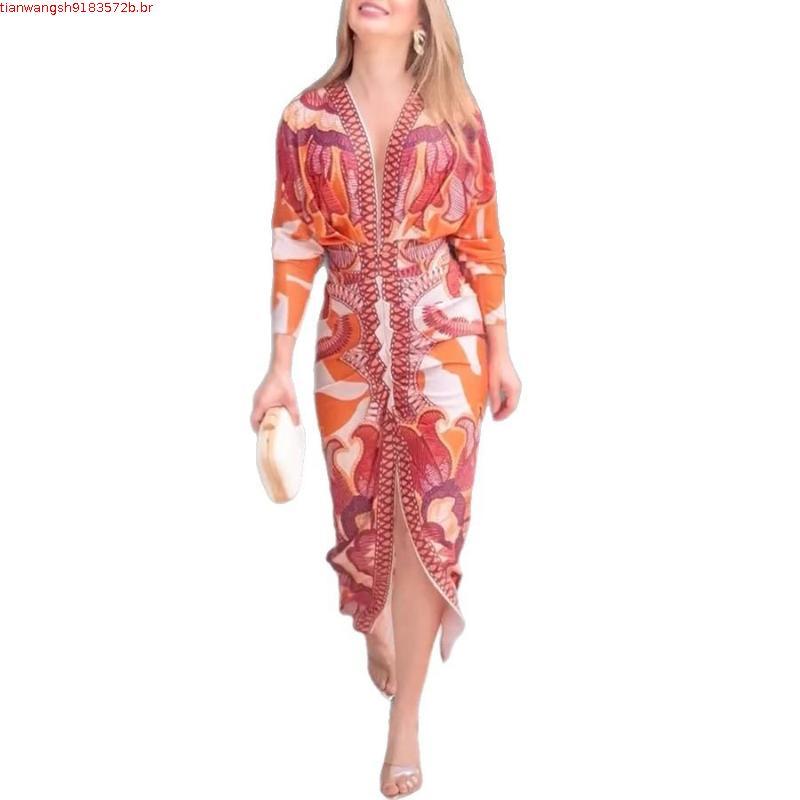 2025 Vestido Sexy Europeu e Americano para Mulheres, Vestido Estampado com Decote em V, Manga Longa e Fenda, Vestido Bod