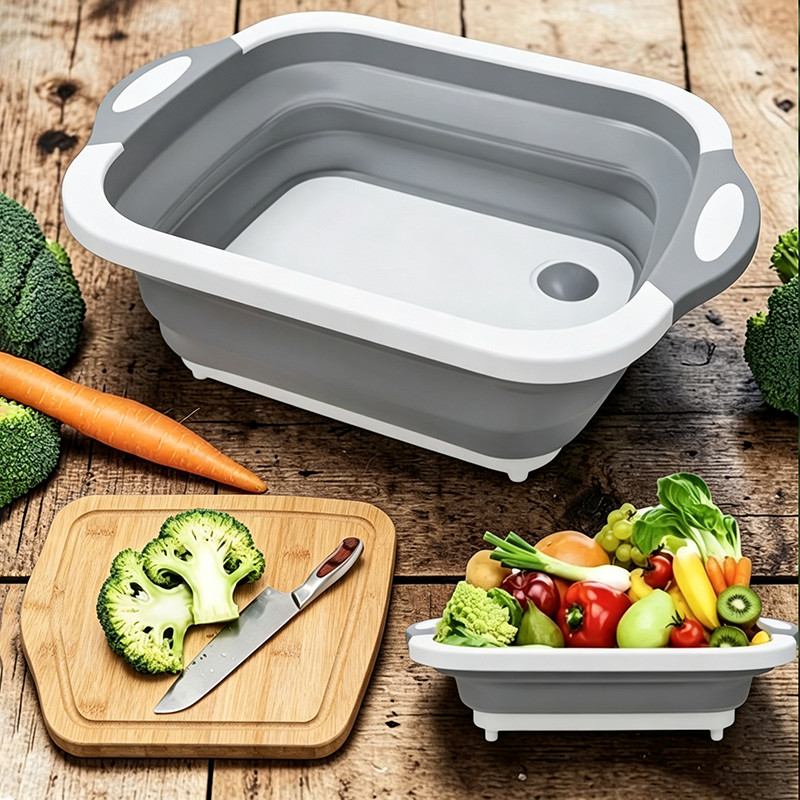 Tábua de Corte e Bacia Retrátil de Silicone 3 em 1 Multifuncional para Cozinha, Fácil de Armazenar