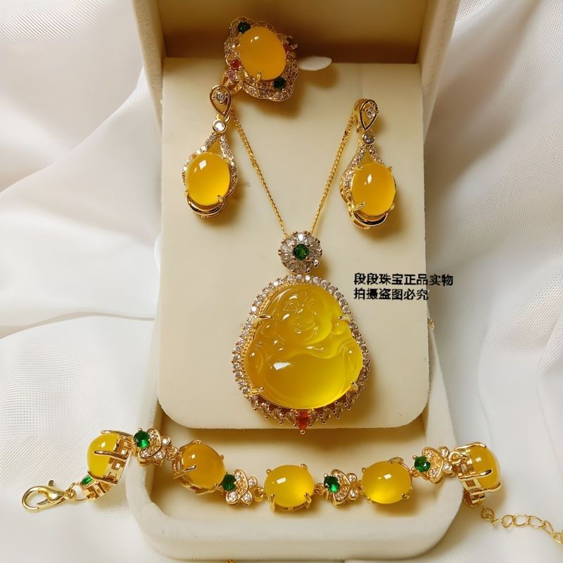 Cor de gelo Natural topázio buda colar pingente pulseira brincos anel boca viva conjunto de quatro peças Hao incrustado
