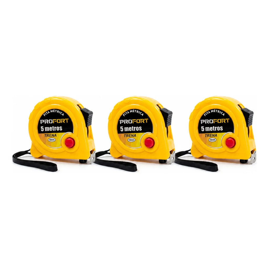 Kit 3 Trena Profort 5 Metros Fita Aço 16mm Graduação Mm Cm Caixa Compacta Profissional