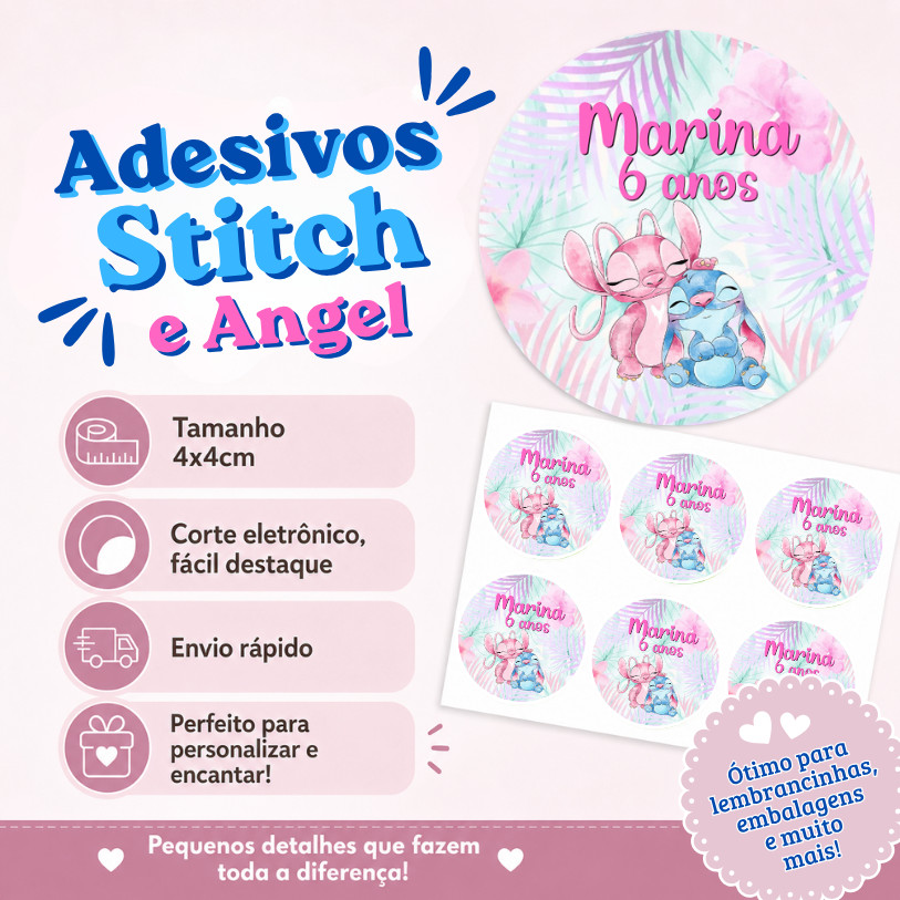 Adesivo Personalizado Stich e Angel Aquarela 4x4 | Lembrancinha | Festa Infantil | Aniversário