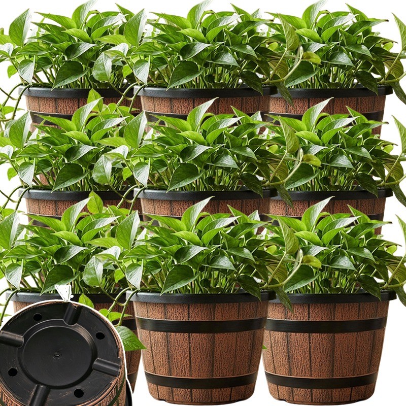 Vaso De Flores De Imitação De Barril De Madeira De 3-1 Unidade-Engrossar , Plástico-Plantas Retrô-Decoração De Quintal D