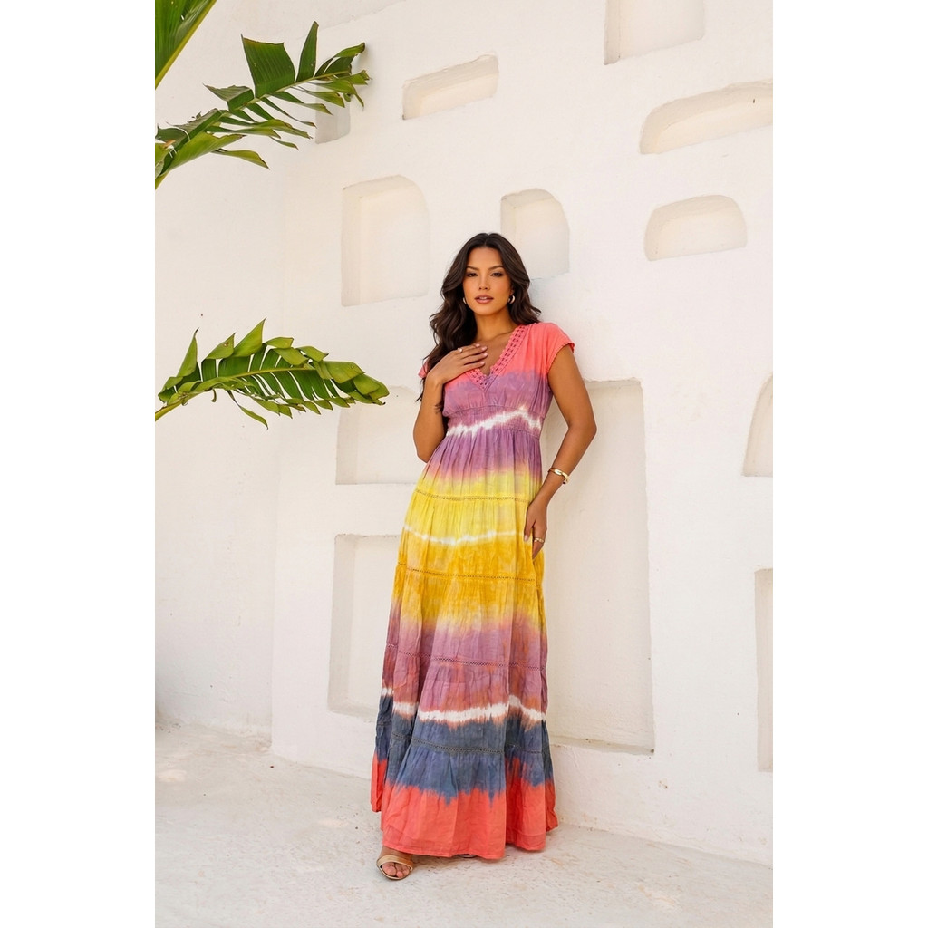 Vestido Longo Tie Dye Degradê Colorido Boho Chic Soltinho Verão Moda Praia Elegante-MHILD 910