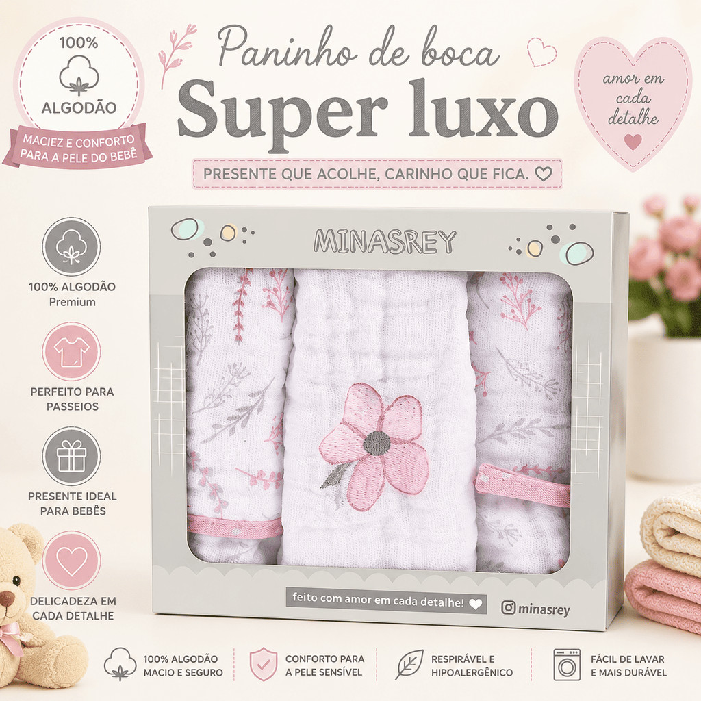 Kit Fralda de Boca Luxo 100% Algodão 3 Peças Bordada Presente Bebê Recém Nascido Enxoval Maternidade