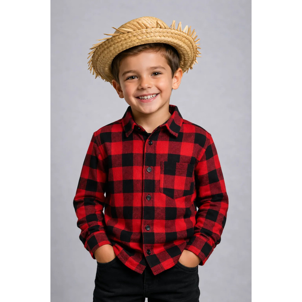 Kit Camisa Xadrez Infantil Flanelada + Chapéu De Palha