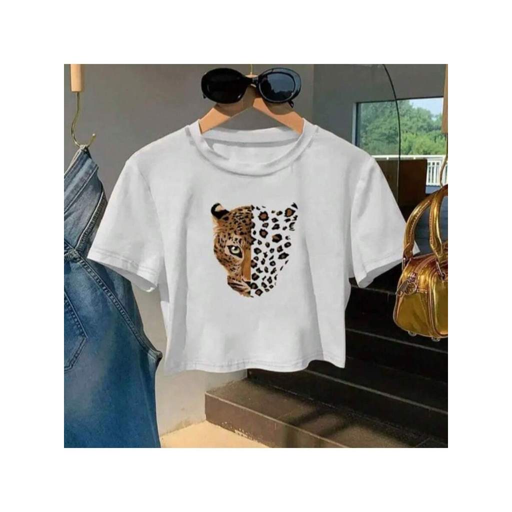 Cropped Feminino Estampa Tigre com Design Leopardo Camiseta de Manga Curta Gola Redonda Ajustado para Todas as Estações