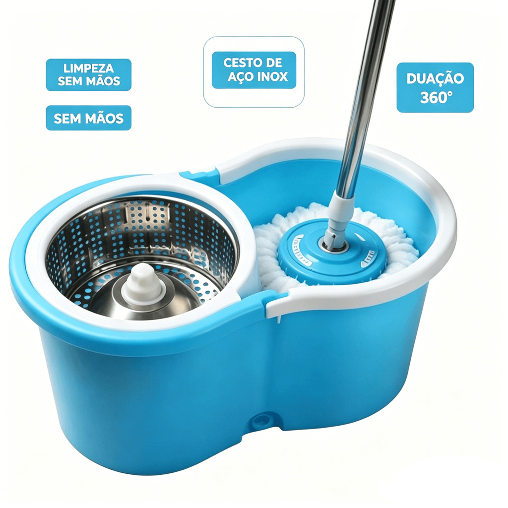 Kit Mop Giratório com Inox Balde  Azul | Limpeza e Espremedor Automático com Refil Incluso