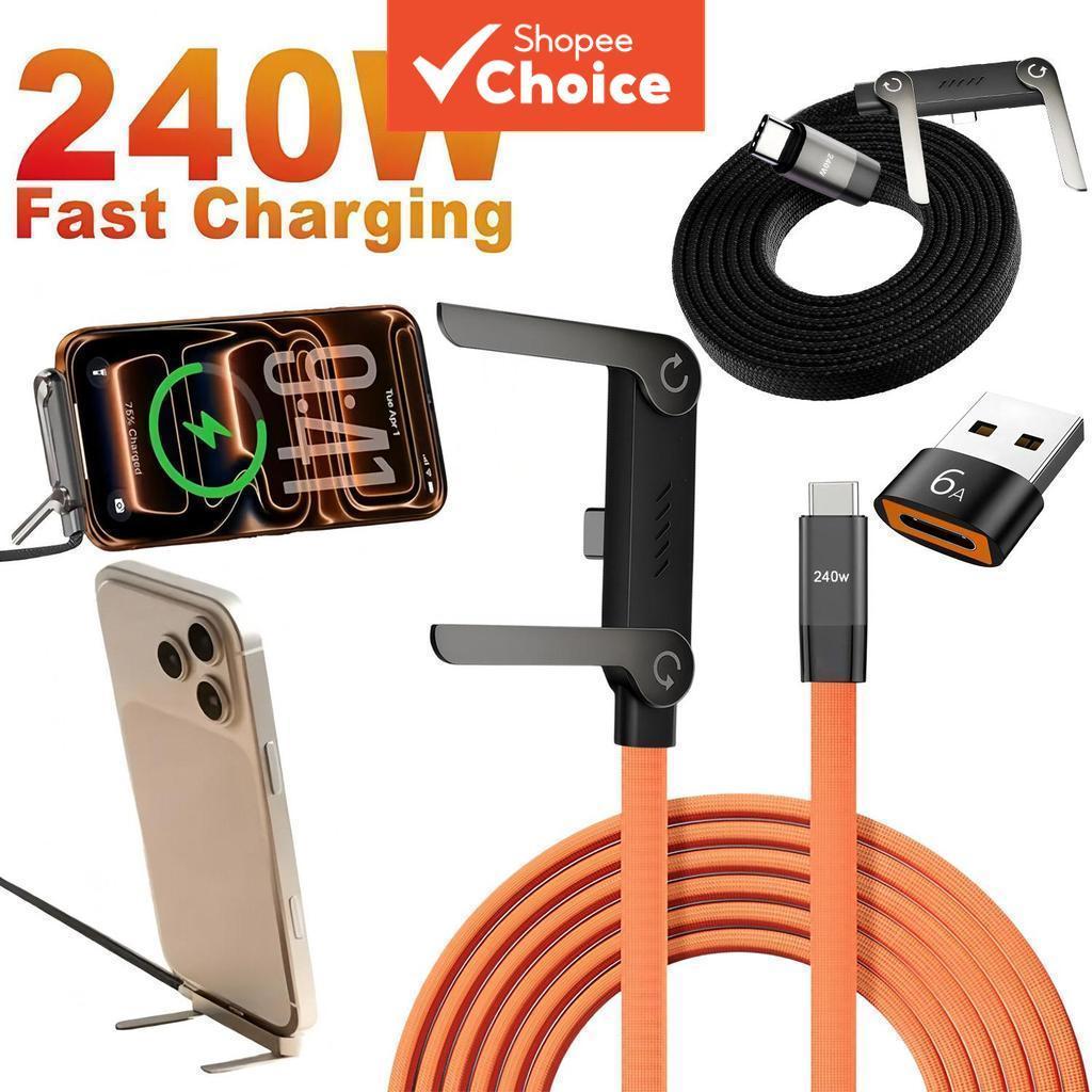 Cabo USB-C para USB-C, Carregamento rápido 240W, Cabo de carregamento com suporte invisível, Cabo USB-C plano, Cabo