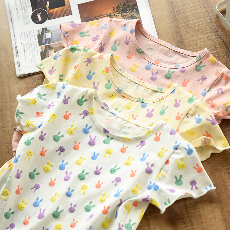 Bonito verão de manga curta crianças dos desenhos animados padrão de impressão completa camiseta topo meninas estilo fin