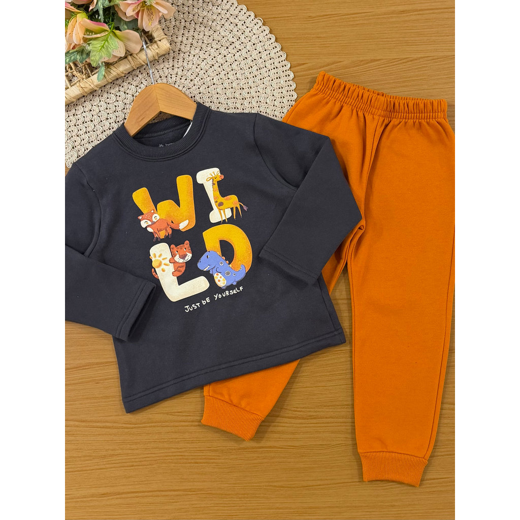 Conjunto Infantil Menino Brandili Inverno com Calça Laranja e Moletom Flanelado Bichinhos
