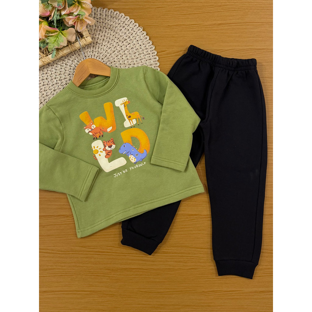 Conjunto Infantil Menino Brandili Inverno com Calça Preta e Moletom Flanelado Bichinhos