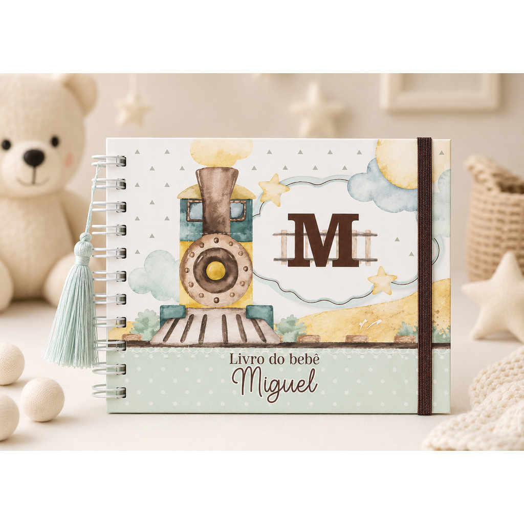 Livro do Bebê Personalizado Trem Locomotiva Aquarela Presente Maternidade Chá Bebê