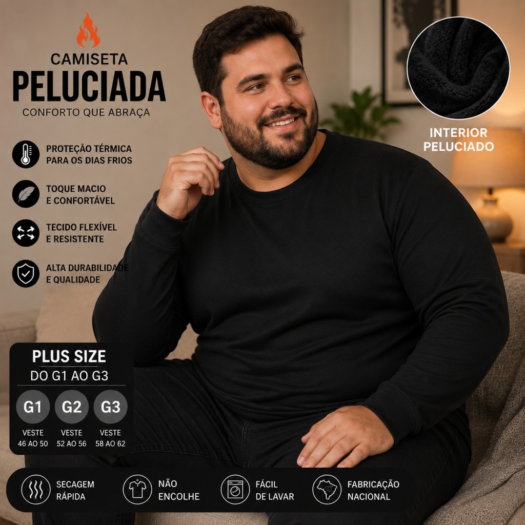 Camiseta Plus Size Térmica Peluciada Masculina Camiseta Flanelada Frio Intenso Proteção Máxima
