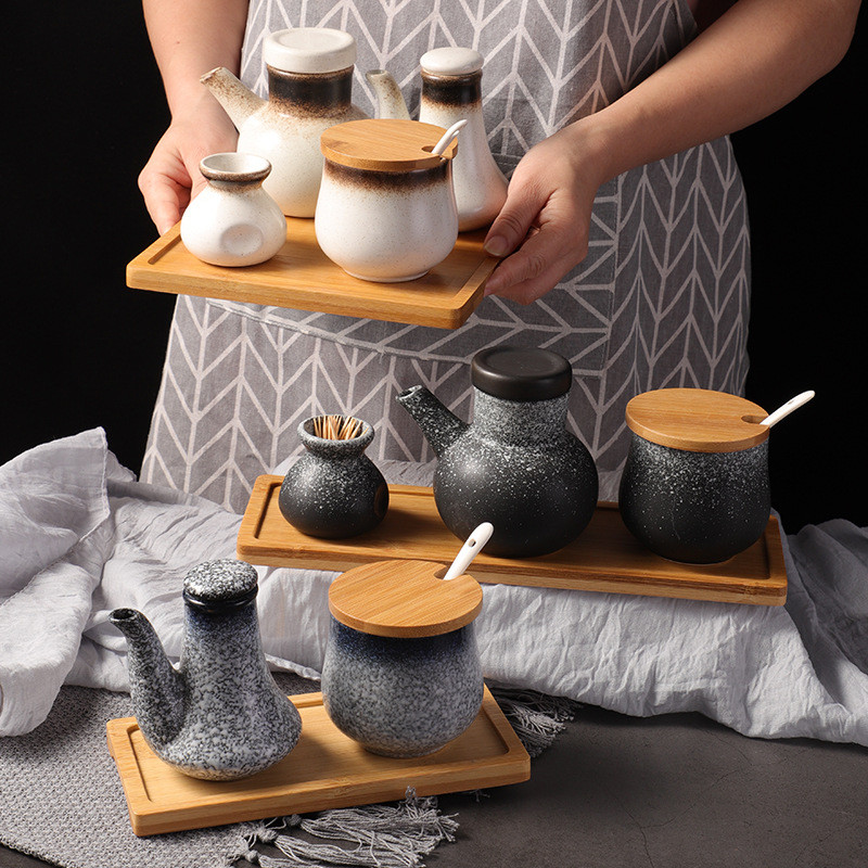 Conjunto de frascos de cerâmica para temperos, pote de molho de soja, pote de vinagre, conjunto de frascos para temperos