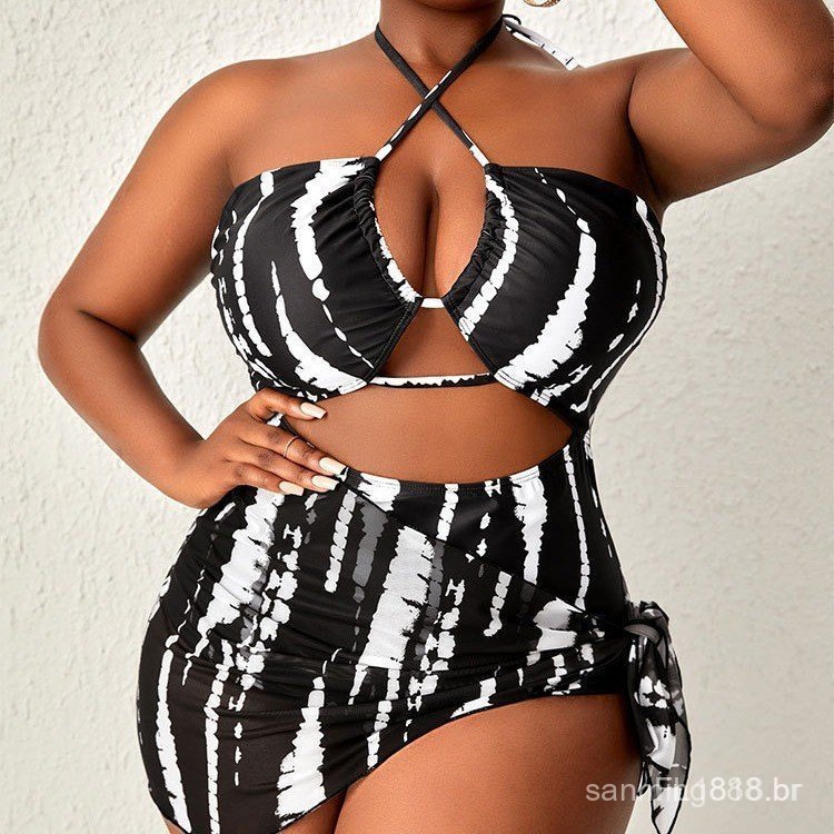 Biquíni Sexy de Malha em Três Peças Tamanho Plus 2026, Estilo Europeu e Americano, Maiô de Uma Peça com Decote Halter