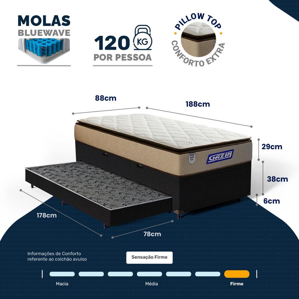 Cama Box Baú com Colchão Gazin de Molas Ensacadas Pillow Top Air Pro + Auxiliar Espuma Solteiro 88cm · foto 2