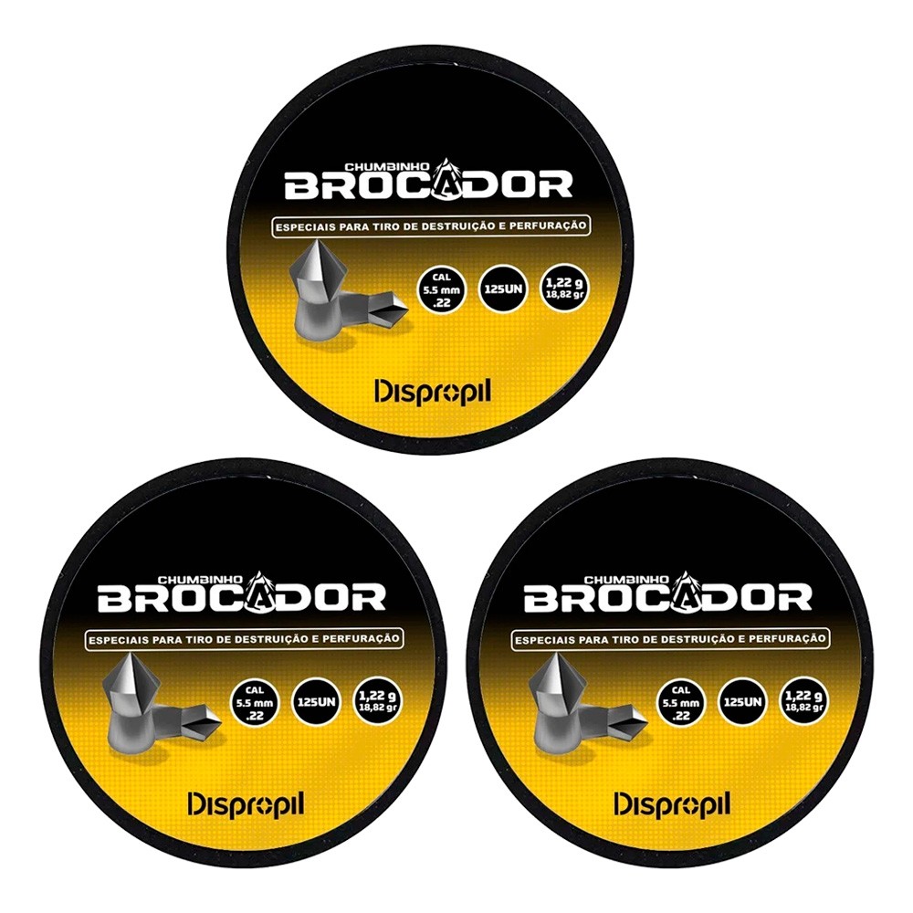 Kit 3 Chumbinho Brocador Cal 5.5mm .22 125un 1,22g 18,82gr - Dispropil