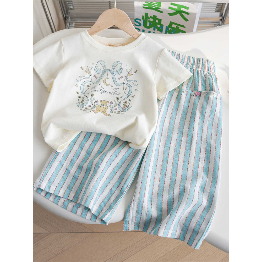 Meninas conjunto de camiseta de manga curta verão novo estilo menina solta topo fino listrado calças de perna larga conj