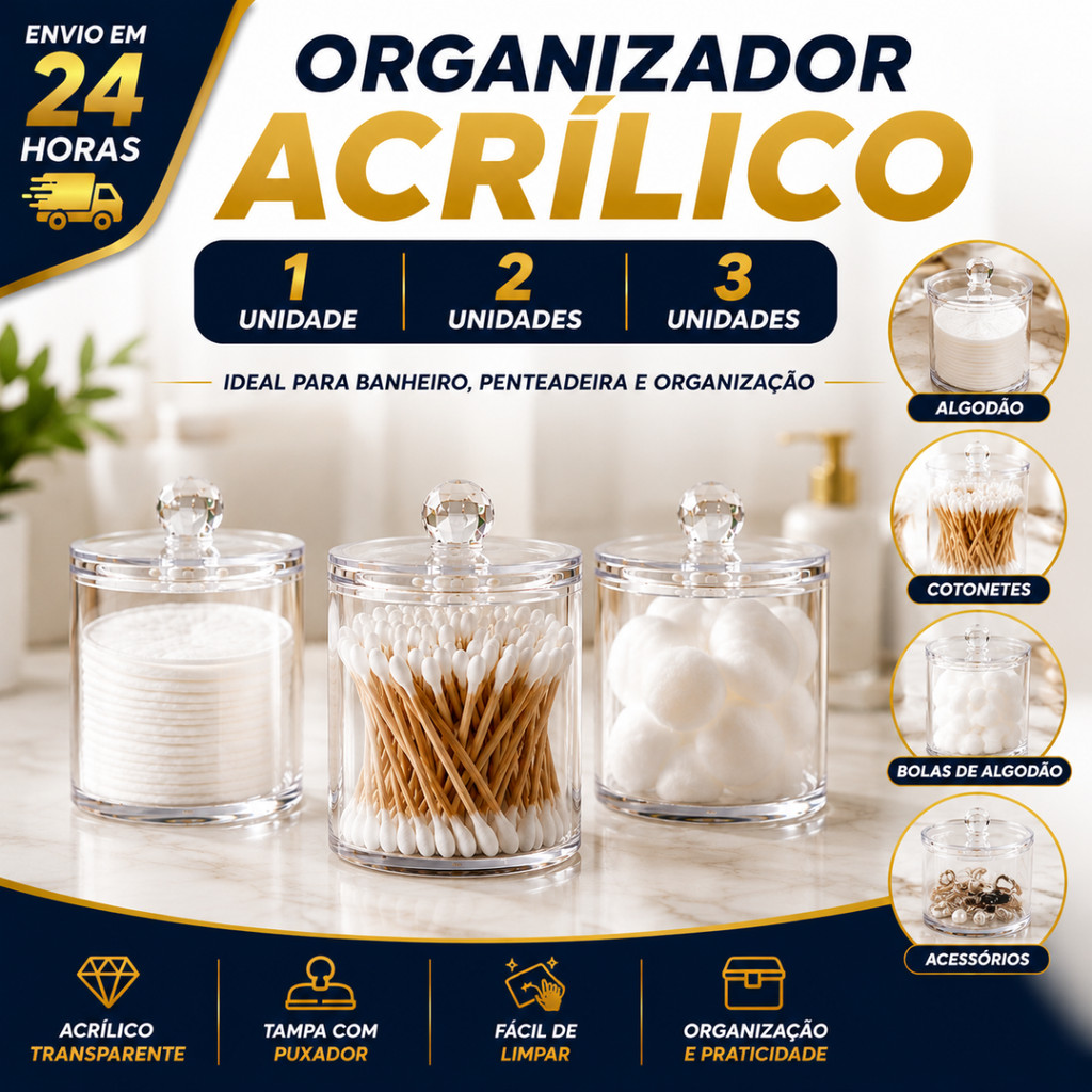 Organizador Acrílico Porta Algodão Cotonete 1/2/3 Com Tampa Transparente Banheiro Penteadeira Multiuso