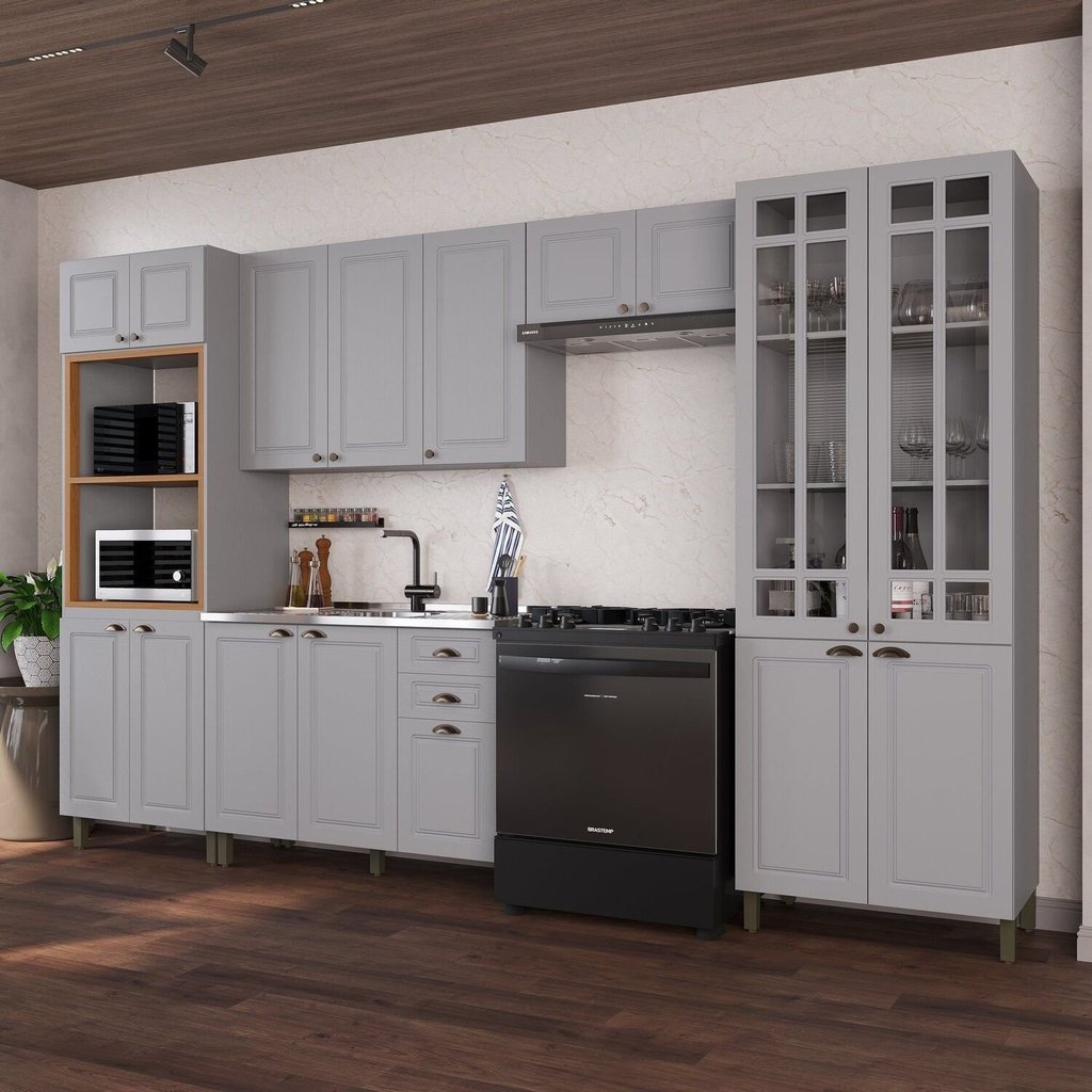 Cozinha Modulada 5 Peças Torre Quente Cristaleira Balcão sem Tampo 2 Aéreos 100% MDF com Vidro Bari