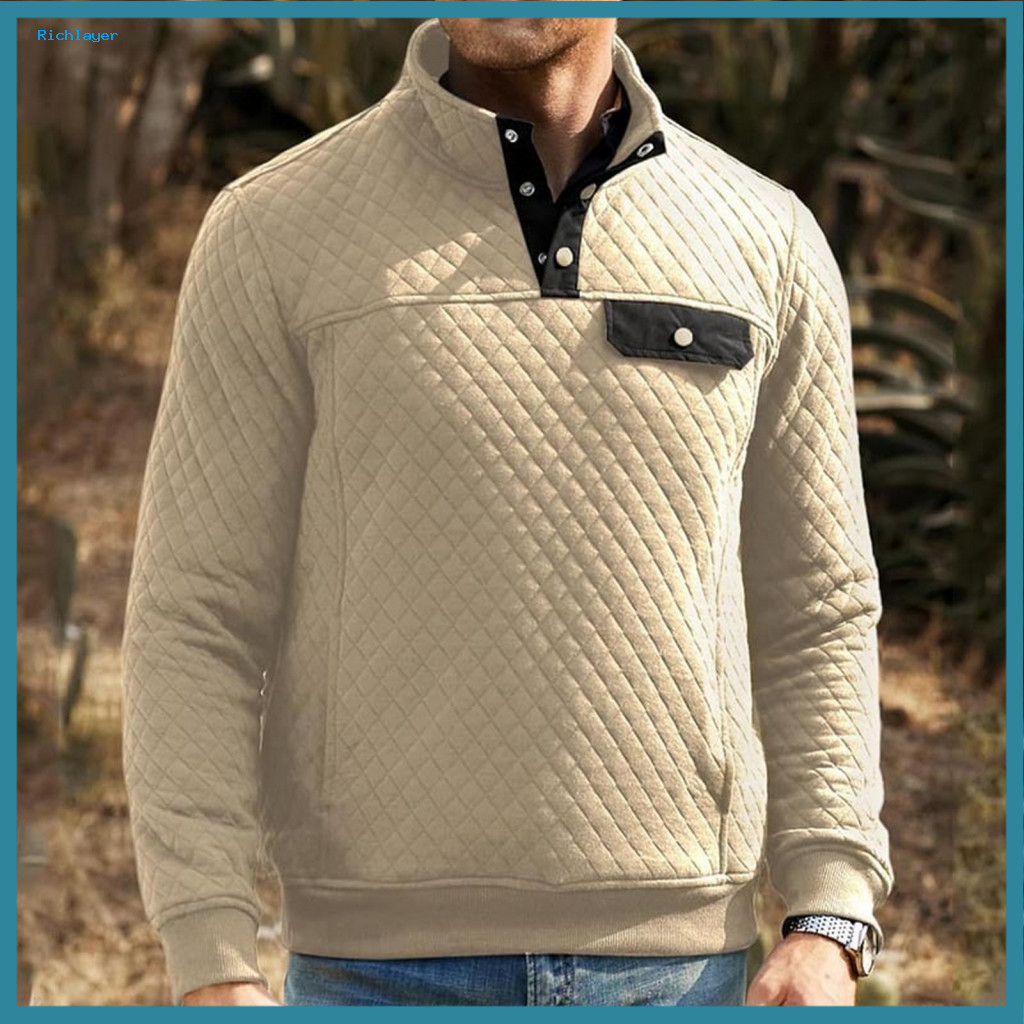 Stand-up Collar Sweatshirt Men Solid Color Men's Casual Stand Rhombus Texture Long Sleeve Pullover Loose Fit Sport Top f