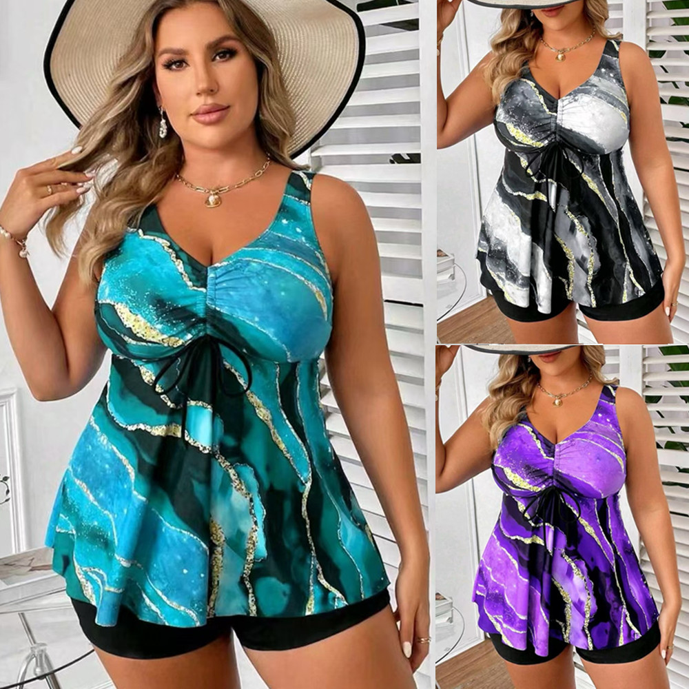 Saida de Praia Plus Size, Maiô Conservador de Cintura Alta e Efeito Emagrecedor, Conjunto de Tankini de Duas Peças com S
