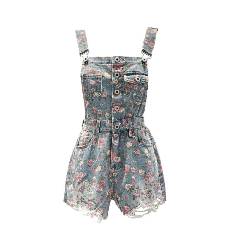 Shorts Jeans Femininos Com Estampa Floral Vintage , Bainha Desgastada , Cintura Alta , Suspensório , Macacão Curto