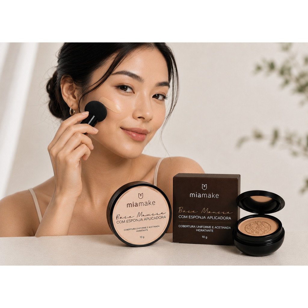 Detalhes do BB Cream Base Mousse Soft Matte Alta Cobertura com Esponja Cogumelo e Espelho Disfarça Poros Pele Aveludada
