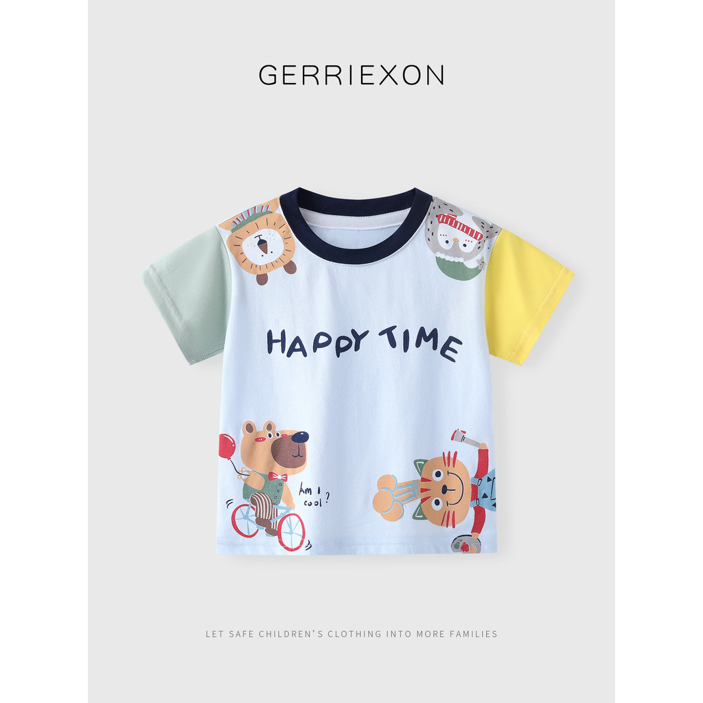Verão novo estilo contraste cor colar dos desenhos animados Animal menino impresso camiseta de manga curta crianças boni