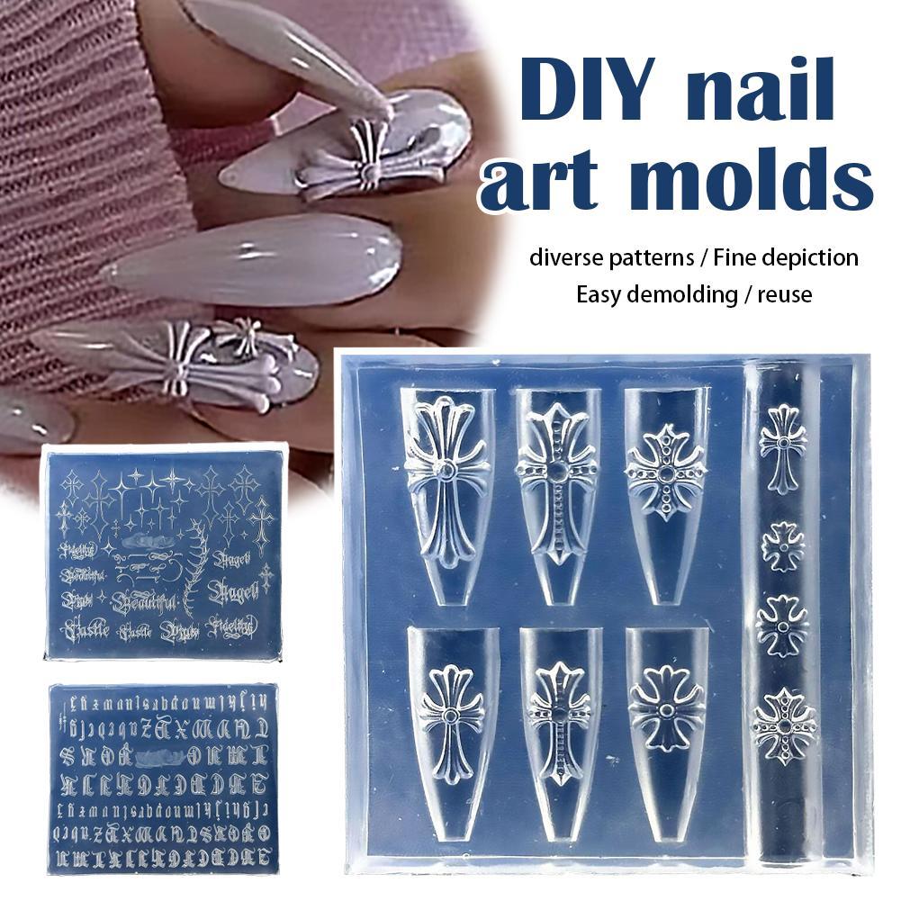 DIY Moldes Da Arte Do Prego 3D Gótico Molde De Silicone Cruzes Claras Antigo Alfabeto Inglês Escultura Modelo Design
