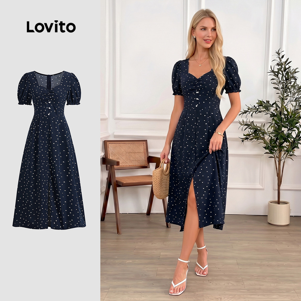 Lovito Casual Vestido Frontais Formato De Coração Mangas Bufantes Redondas Vesti