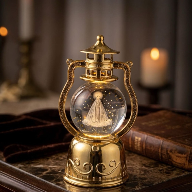 Lanterna Lampião Nossa Senhora Aparecida Giratório Ouro Velho Luminária 14 cm com USB LED Importado