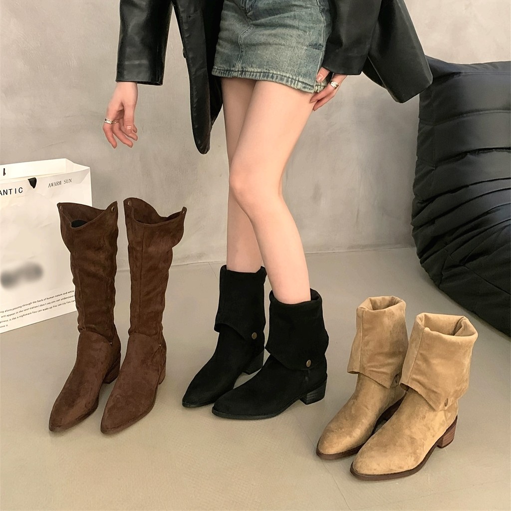 Botas Empilhadas Foscas De Duas Peças , Outono/Inverno , Novas De Cowboy Ocidentais Ao Ar Livre , Decote Em V , Tubo Lon